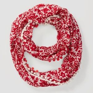 {LOFT} Pink/Red Floral Infinity Scarf with Pompoms